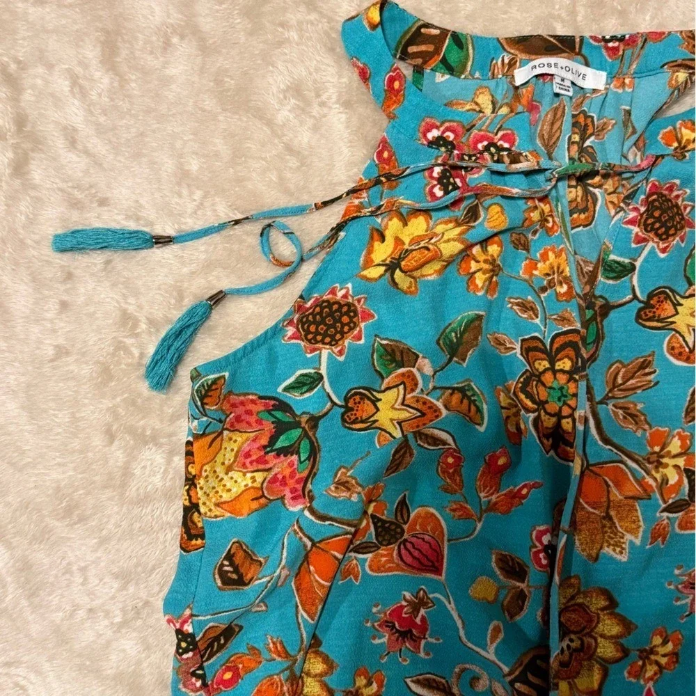 Rose &‎ Olive Teal Floral Blouse size Medium Sleeveless - Picture 10 of 10